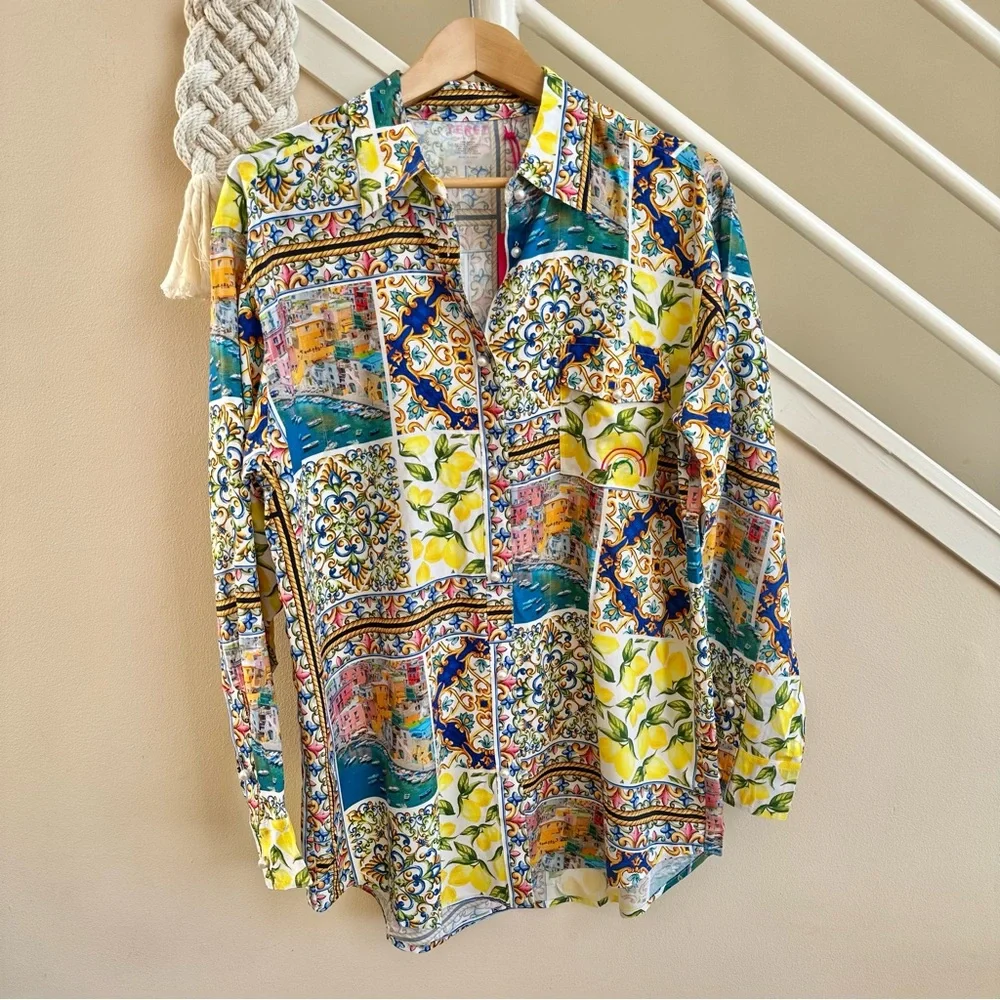 NWT Terez Amalfi Coast Patchwork Print Long Sleeve Blouse Yellow Blue Multi MED - Picture 5 of 16